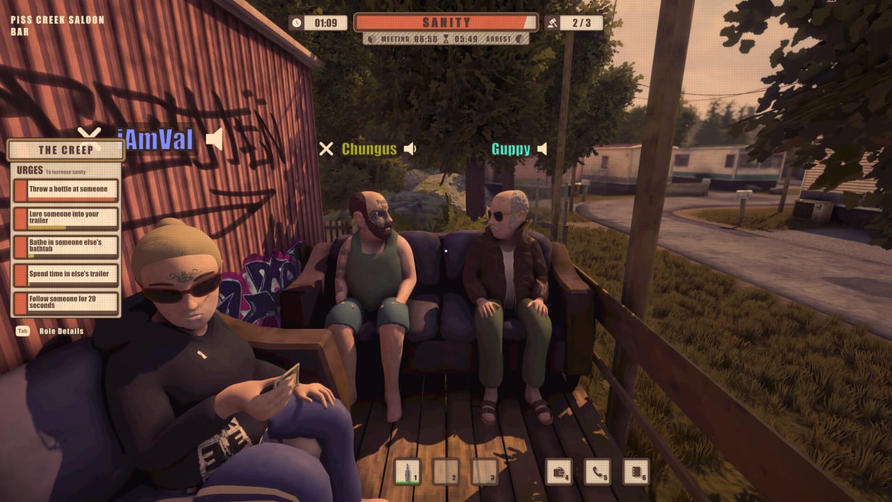 Residents sitting on a wooden porch outside Piss Creek Saloon, with the trailer-park lots and HUD sanity bar visible in Dawson Oaks Trailer Park.
